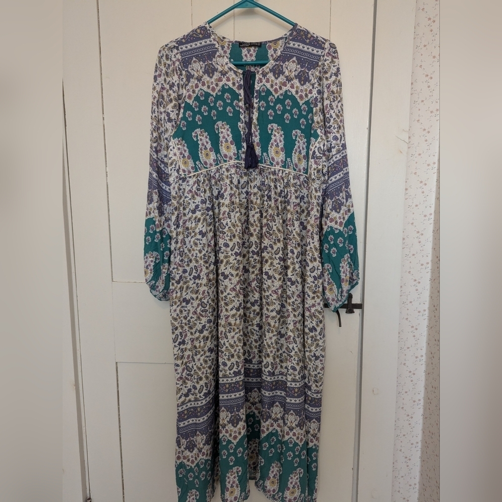 🩵 Lance Cade M Dress Bohemian Teal White Maxi Medium Cotton Fringe Ties